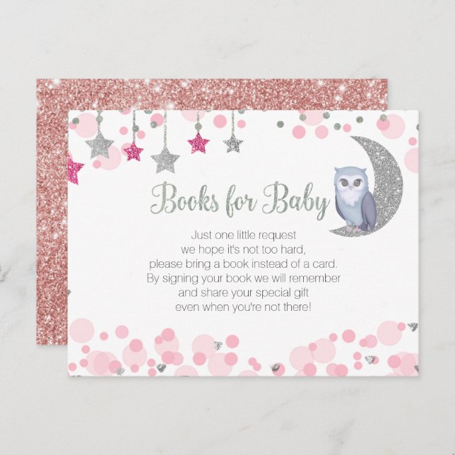 Chouette sur la lune Baby shower rose Livres Carte (Devant / Derrière)