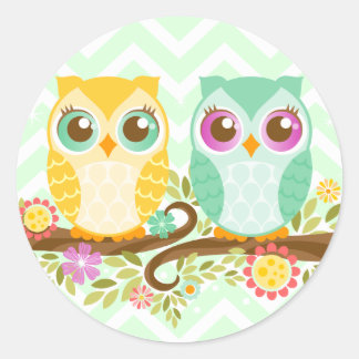 Chouette turquoise et orange - Stickers ronds