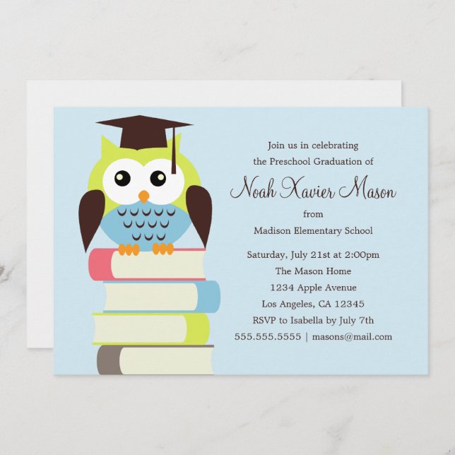 Chouette verte/bleue | Invitation de la fête de gr (Devant / Derrière)