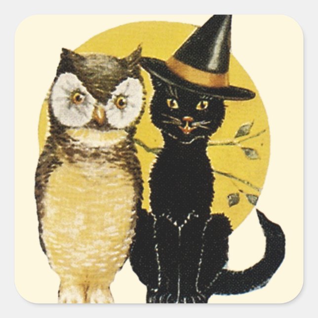 Chouette vintage et chat noir - Sticker Halloween (Devant)