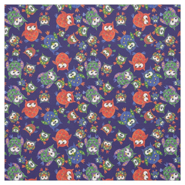 Chouettes mignonnes sur tissu bleu marine pour Cus (Échantillon)