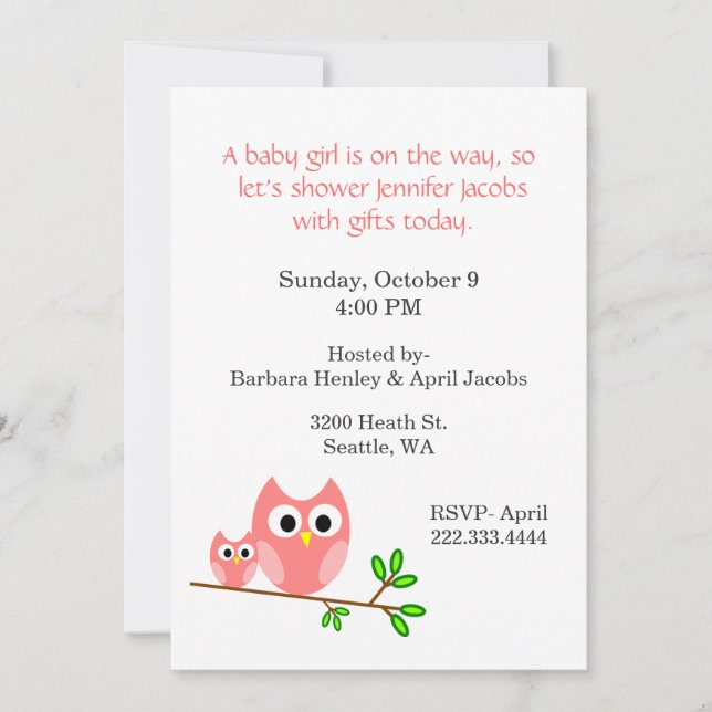 Chouettes roses douces Invitation Baby shower (Devant)