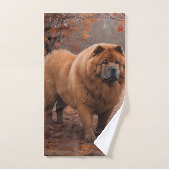 Chow Chow dans les feuilles d'automne tombent insp (Serviette à main)