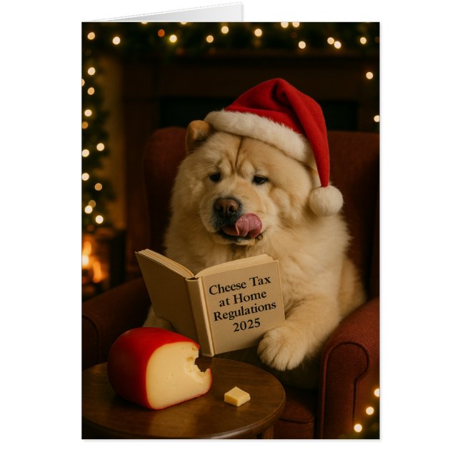 Chow Chow dog 'Cheese Tax' Christmas card (Devant)