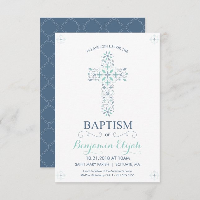 Christening, Baptême Invitation - Baby Boy Invitat (Devant / Derrière)