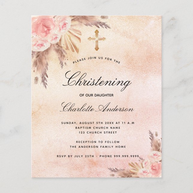 Christening blush rose Pampas invitation florale (Devant)