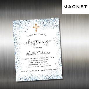 Christening boy bleu blanc or aimant invitation