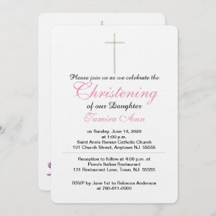 Christening Cross Pink Baby Rattle Invitations
