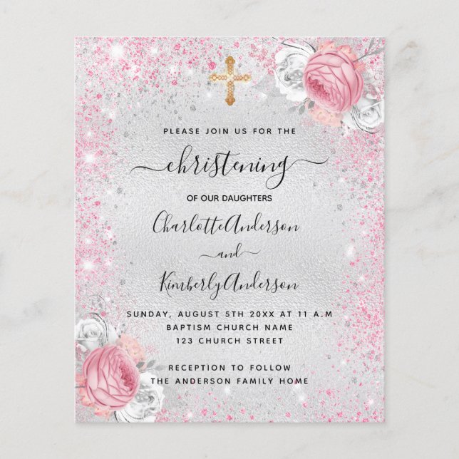 Christening filles argent jumelles invitation budg (Devant)