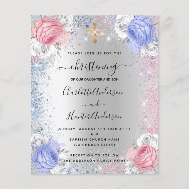 Christening garçon fille bleu rose argent invitati (Devant)