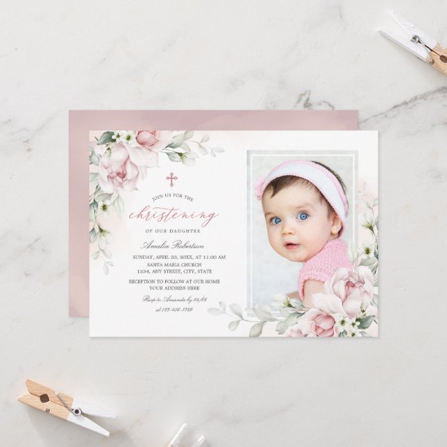 Christening Girls Photo Pink Watercolor Invitation (Devant/Arrière en situation)