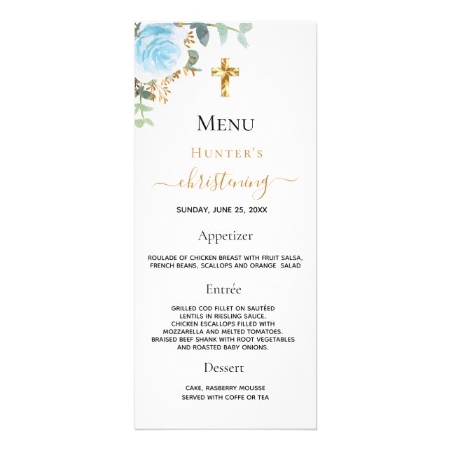 Christening Menu bleu clair garçon floral (Devant)