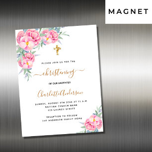 Christening pink florals rose invitation magnet