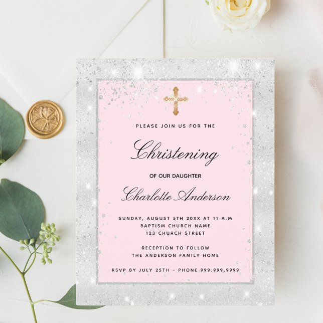 Christening rose fille rose argent invitation croi (Créateur téléchargé)