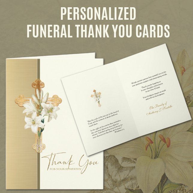 Christian Condolence Merci Croix Lys (Personalized Funeral Thank You Cards with Gold Cross, Lily and Scripture Verse)