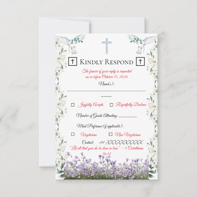 Christian Wedding RSVP Card with Cross (Devant)