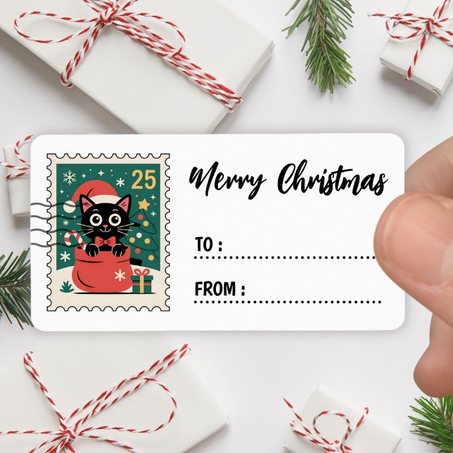 Christmas Black Cat Stamp Sticker Label (Créateur téléchargé)