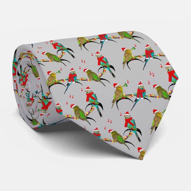Christmas Budgie Frenzy Cravate (Gris) (Roulé)