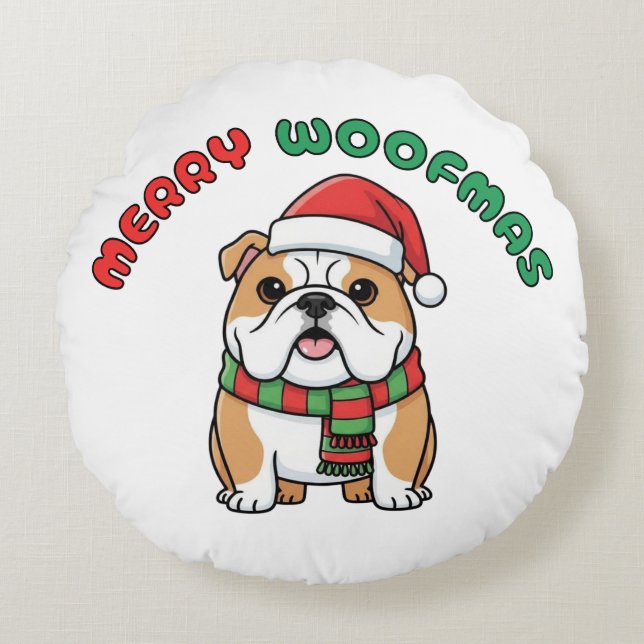 Christmas Bulldog Round Coussin : Joyeux Woofmas (Devant)