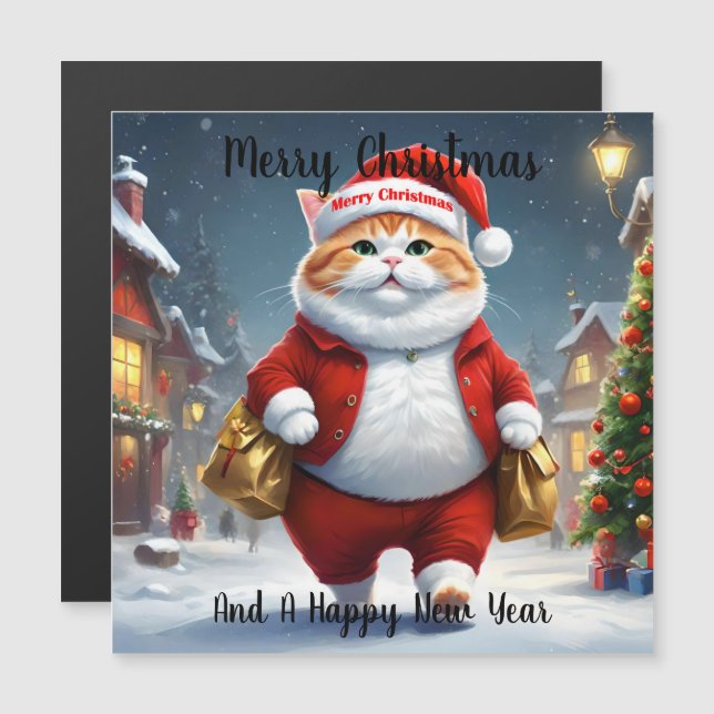 Christmas Cat Père Noël, Carte magnétique (Devant / Derrière)