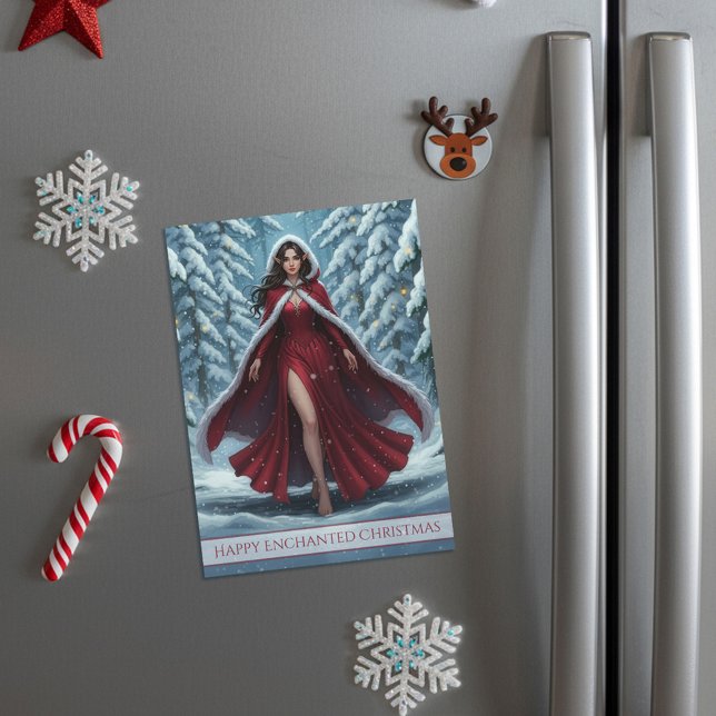 Christmas Elf in Red in Winter Forest Magnet Card (Créateur téléchargé)