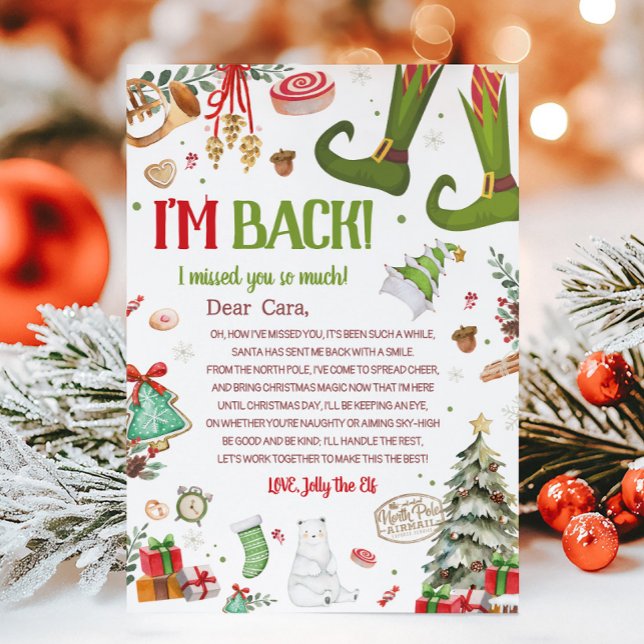 Christmas Elf Retour Je suis Retour Lettre Carte (Christmas Elf Arrival I'm Back Letter Card)