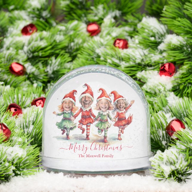 Christmas Elves Family 4 Photo Collage Snow Globe (Noël)