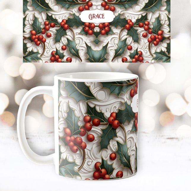 Christmas Holly Nom du Motif d'ornement Mug (Christmas Holly Ornamental Pattern Name Mug)