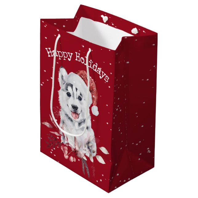 Christmas Husky Sur Red Medium Sac Cadeau (Devant Angle)