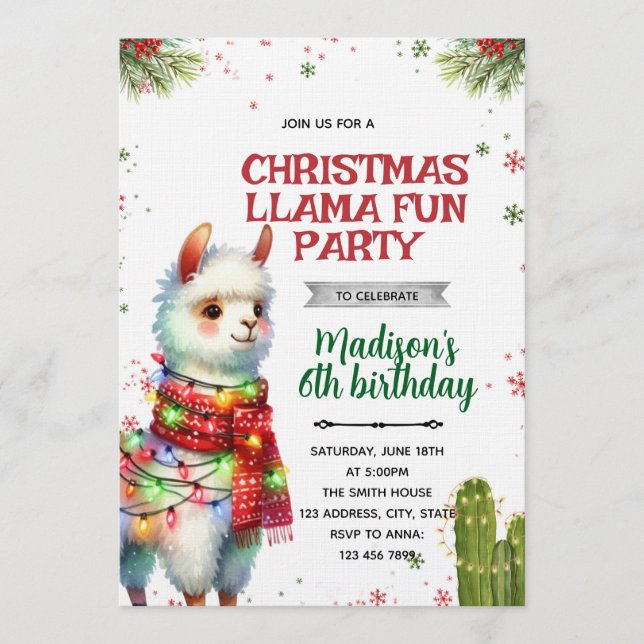 Christmas Llama Birthday Invitation (Devant)