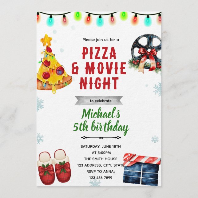 Christmas Movie Pizza and Pajama Party Invitation (Devant)