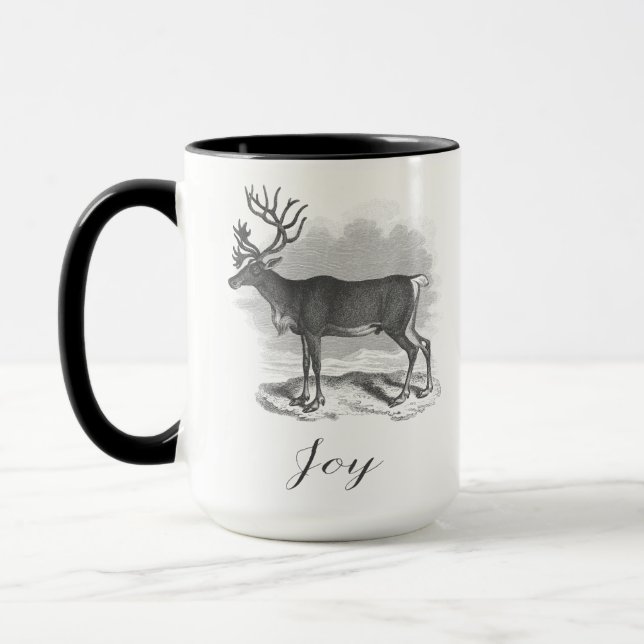 Christmas mug with antique deer etching says Joy (Gauche)