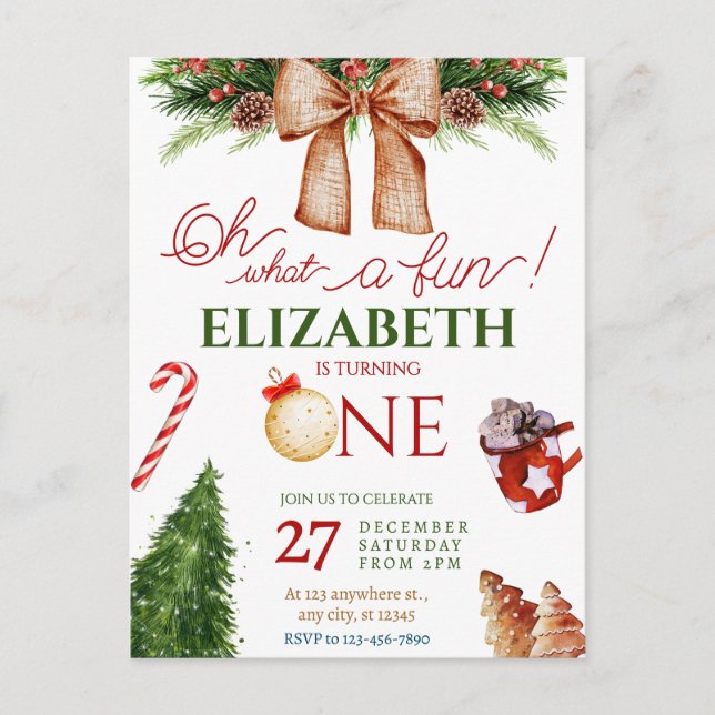 Christmas Oh What Fun First Birthday Invitation (Devant)