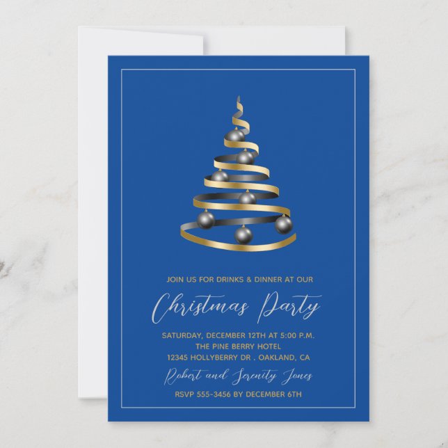 Christmas Party Blue Gold Tree Invitation (Devant)