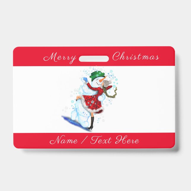 Christmas Party Name Badge Snowman and Girl Dance (Avant)