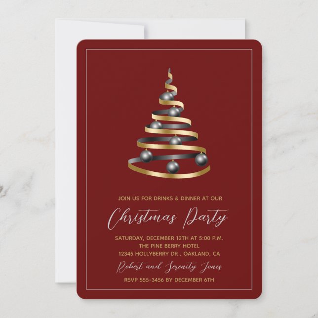 Christmas Party Red Gold Tree Invitation (Devant)
