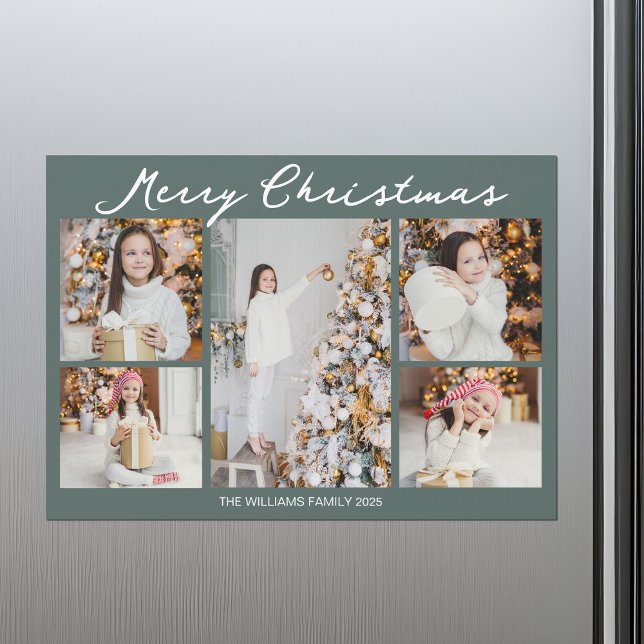 Christmas Photo Collage Grey Green Magnet Card (Créateur téléchargé)