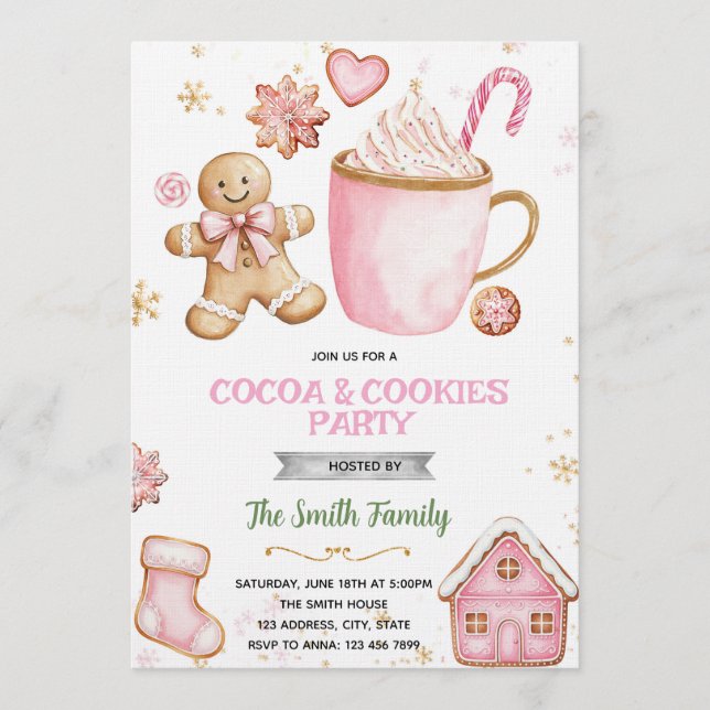 Christmas pink Cookies and Cocoa invitation (Devant)