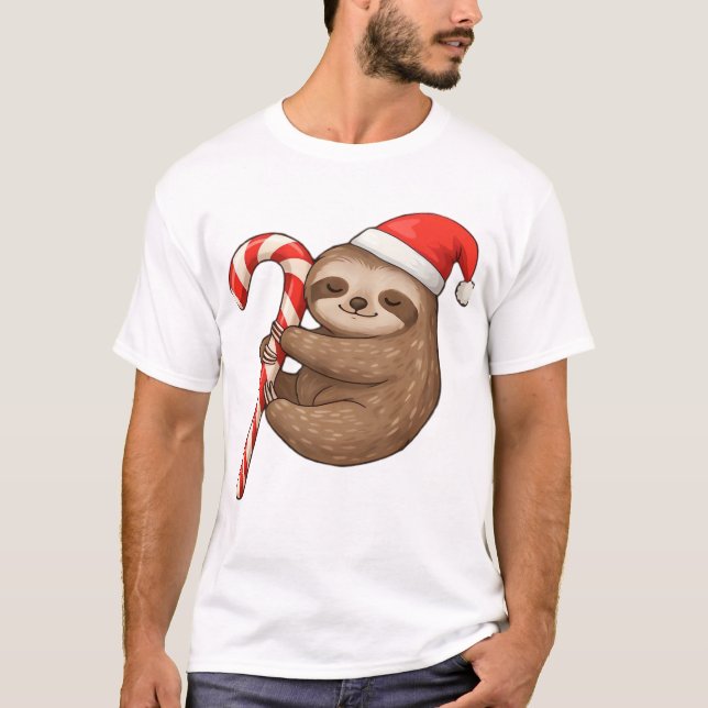 Christmas Sloth Hugging Candy Cane Classic T-Shirt (Devant)