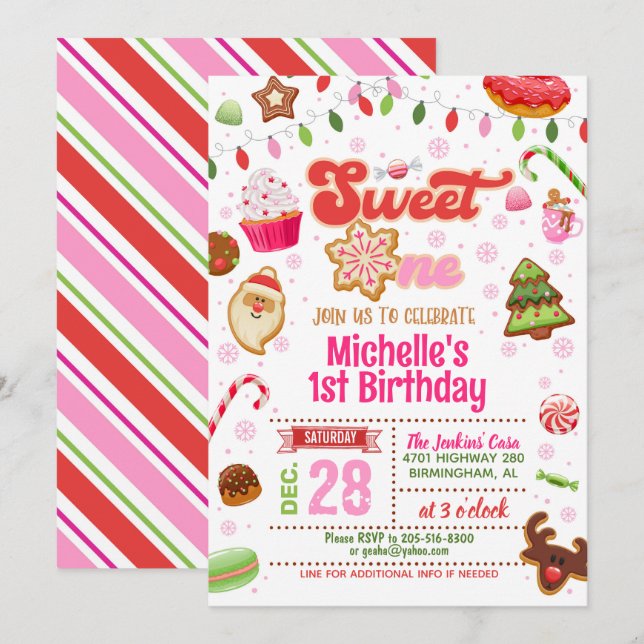 Christmas Sweet One Birthday Invitation - Girl (Devant / Derrière)