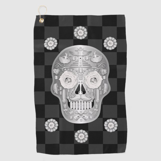 Chrome Calavera (Rose blanche) serviette de golf (Devant)