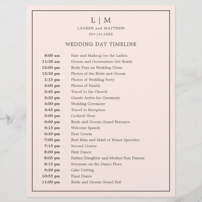 Chronologie de mariage simple monogramme rose blus (Devant)