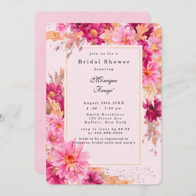 Chrysanthème rose chaud Invitation à la douche nup (Devant / Derrière)