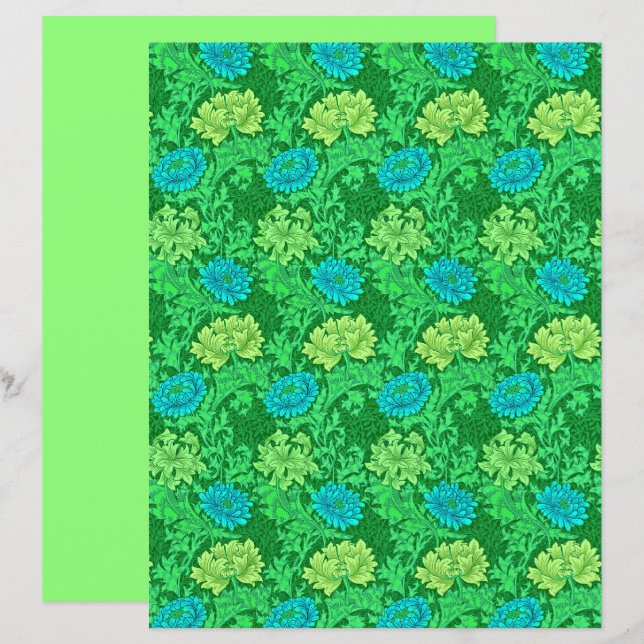 Chrysanthèmes de William Morris, vert lime et aqua (Devant / Derrière)