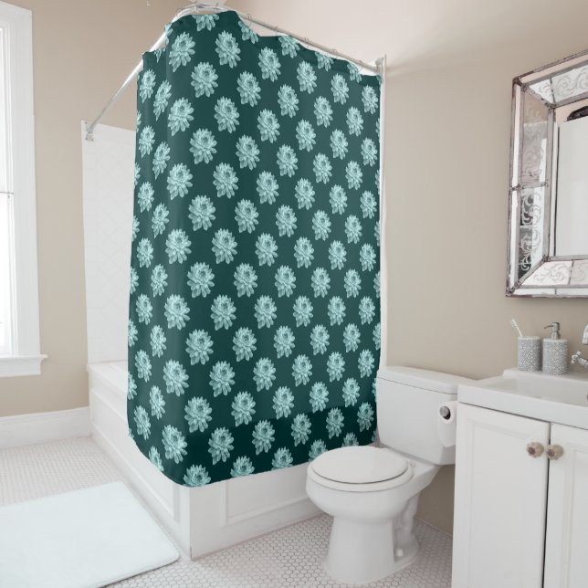 Chrysanthemum Motif - Rideau de douche vert foncé (En situation)