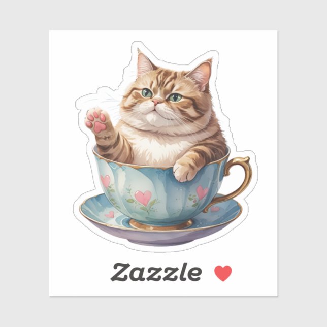 Chubby Chat dans un Sticker Teacup | Cute Flottant (Feuille)