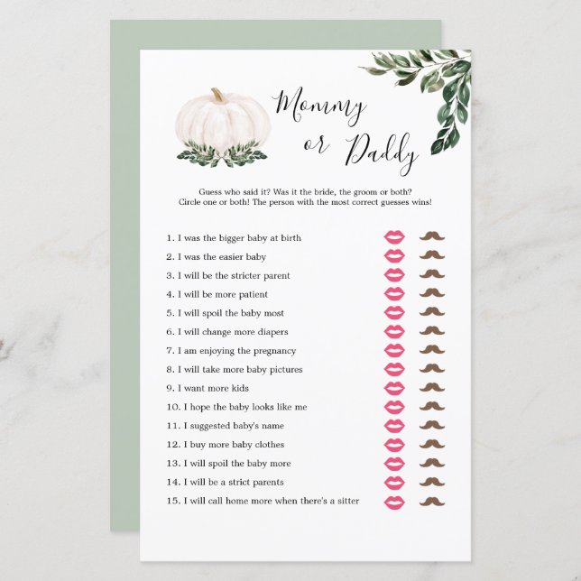 Chute Blanc Citrouille Carte De Jeu Maman Ou Papa (Devant / Derrière)