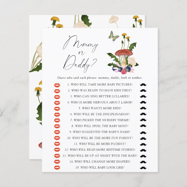 Chute champignons Maman ou papa jeu de baby shower (Devant / Derrière)