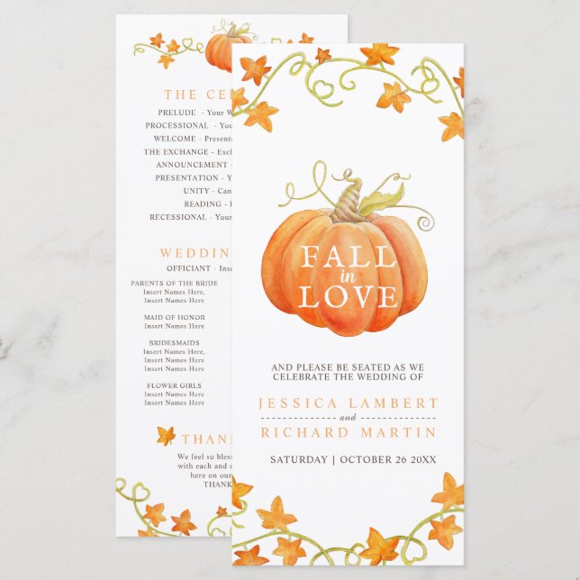 Chute d'amour citrouille programme de mariage aqua (Devant / Derrière)
