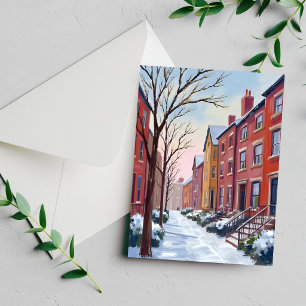 Chute de neige en ville   Carte de peinture à l'aq